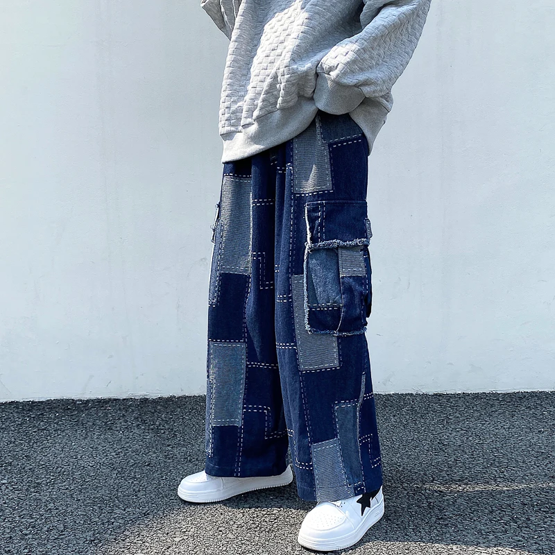 

Washed Cargo Jeans Fashion Splice Pants Plus Size Wide Leg Pants Large Pocket Waist Elastic Hip Hop Streetwear Cowboy Trousers