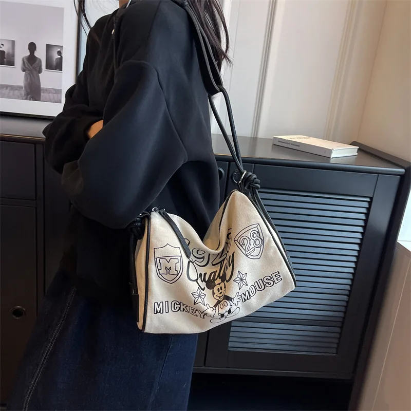 Large Capacity Cartoon Mickey Print Canvas Bag Women's Bag 2024 New Casual Shoulder Bag Simple Contrast Color Crossbody Bags