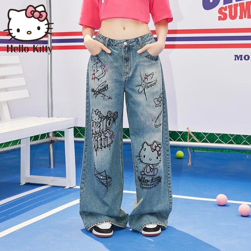 

Sanrio Hot Diamond Hello Kitty Graffiti Women Jeans American High Street Girl Denim Trouser New Loose Casual Wide Leg Pants Gift