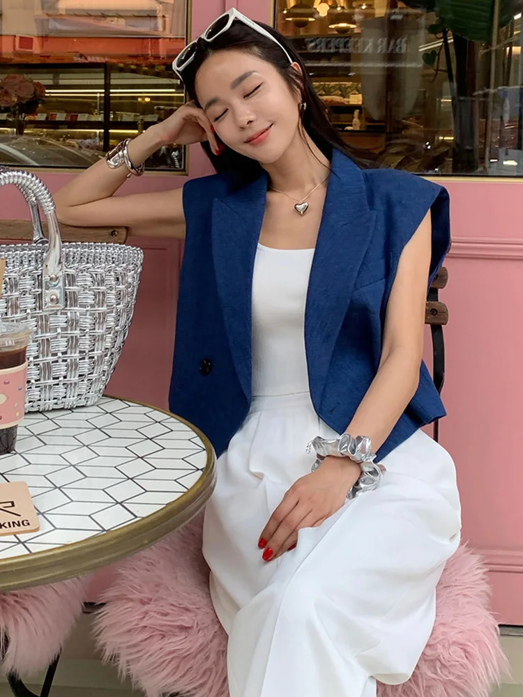 Fashion Short Denim Blazer Summer Short Sleeve Women Summer New Nocthed Collar Double-Breasted Black Blue Jacket Coat Waistcoat