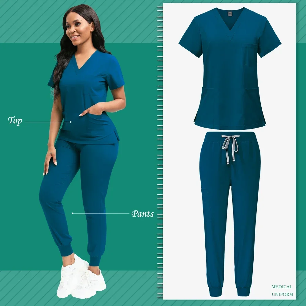 

Multicolors Women Scrubs Sets Doctors Medical Uniforms Nurses Accessories Vneck Tops Joggers Dental Clinic Beauty Salon Workwear