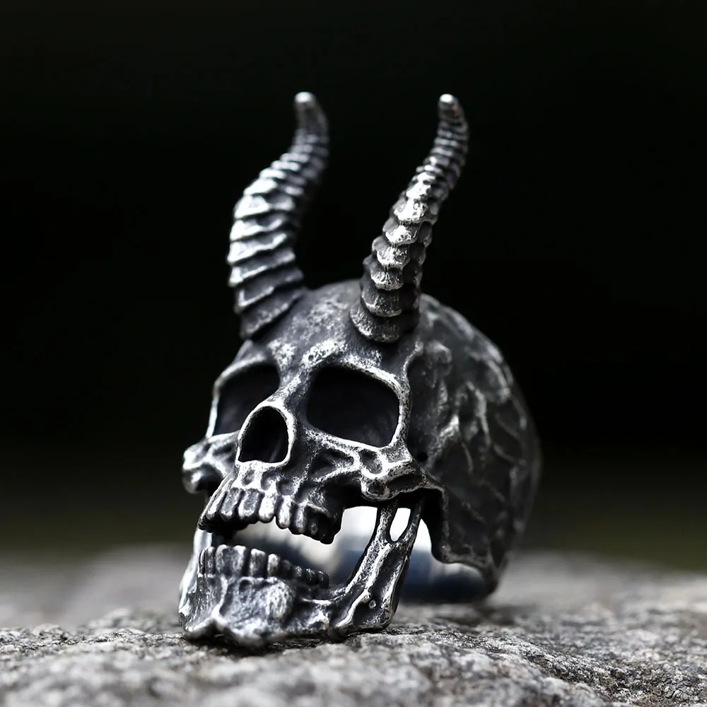 NEW Men's 316L stainless-steel rings Satanic Skull Horn Ring