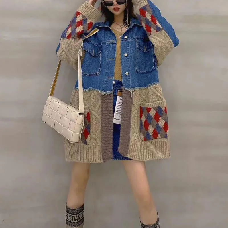 

Spring Autumn Knitted Stitching Denim Jacket Women Coat Jackets New Long-Sleeved Loose Outerwear Mid-Length Casaco Feminino