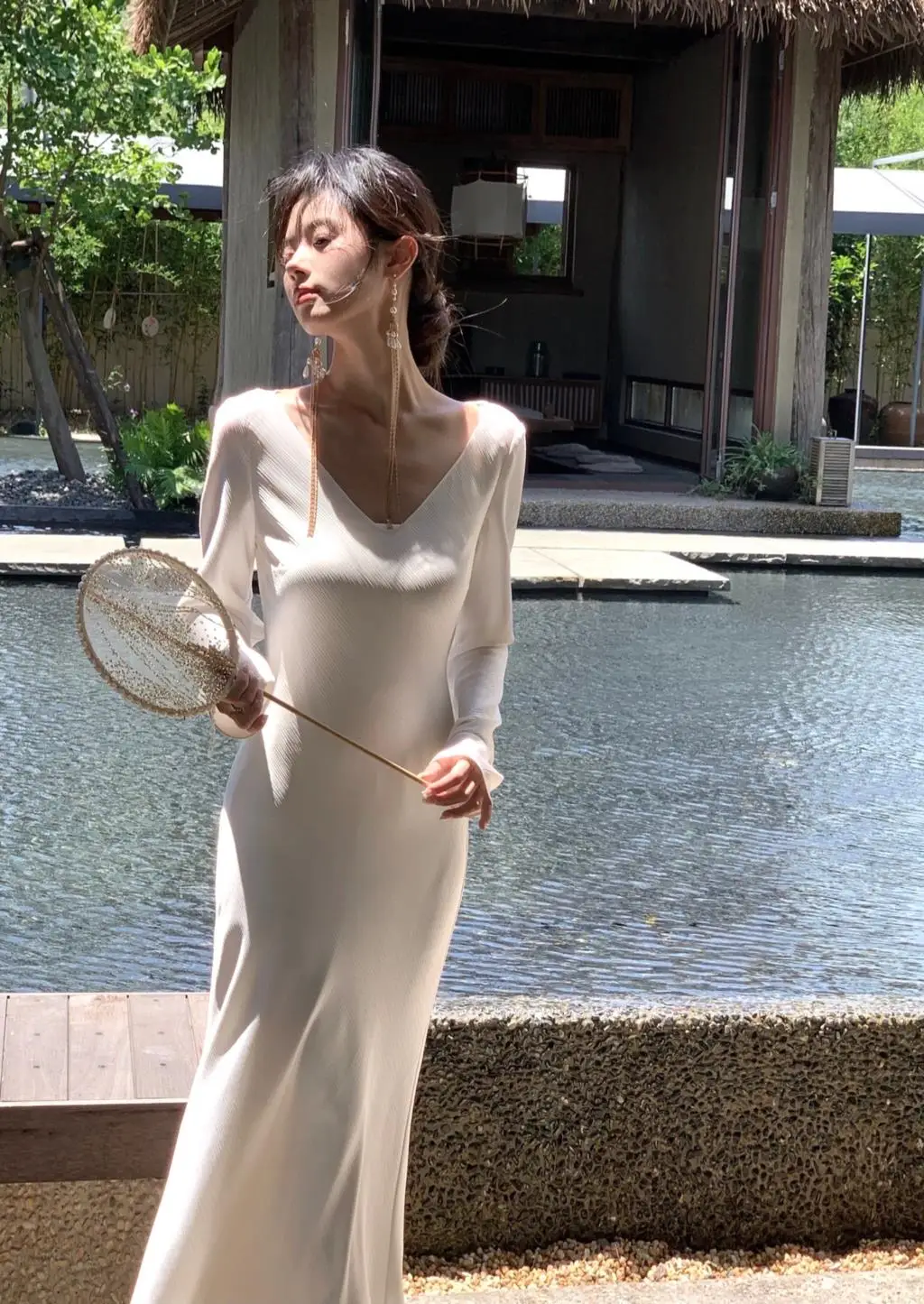 Vestidos largos de satén de otoño para mujer, vestido de fiesta de noche para boda, vestido de graduación, vestido de sirena de una pieza con cuello en V y mangas largas