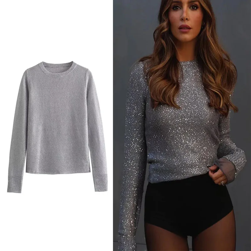 

TRAF Woman Fashion Sequin Knitted Sweater Grey Round Neck Long Sleeves Sweater Pullover 2024 Autumn Winter New Sweater Pullover