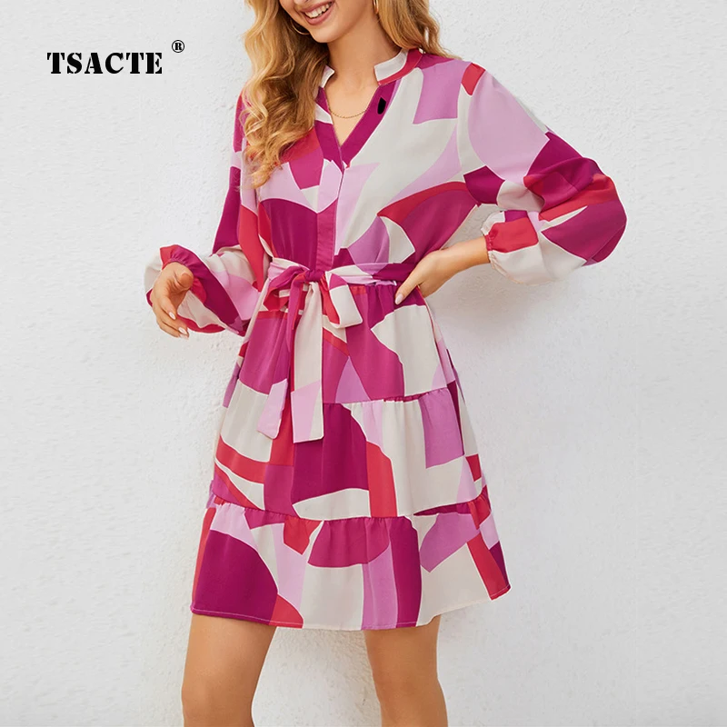 

New Fashion Elegant And Pretty Women Dress Waist Wrapped Casual Long Sleeve V-Neck Colorblock Printed Temperament Commuter Dress