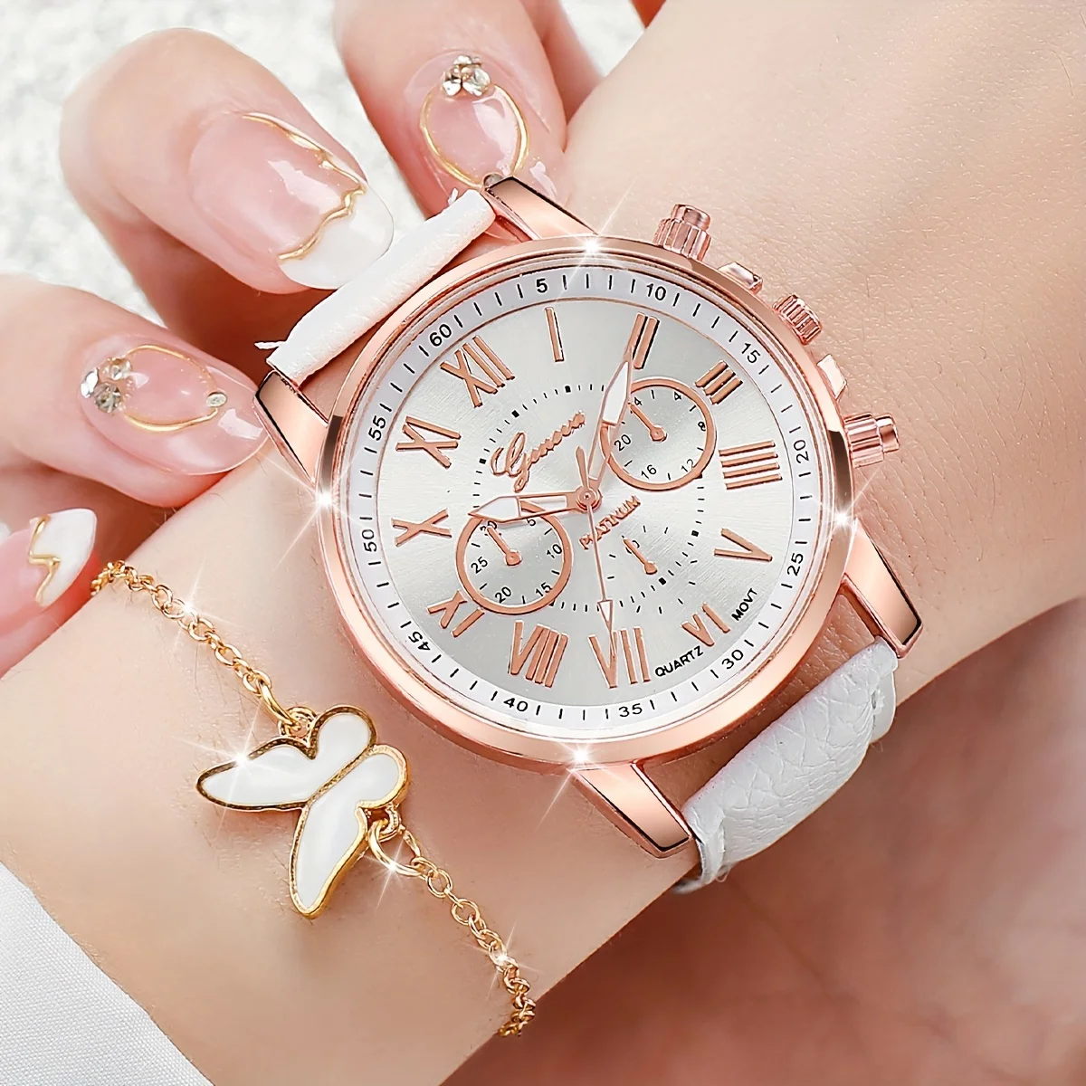 Elegant Women's Butterfly Jewelry & Leather Watch Set - 6 Piece Collection