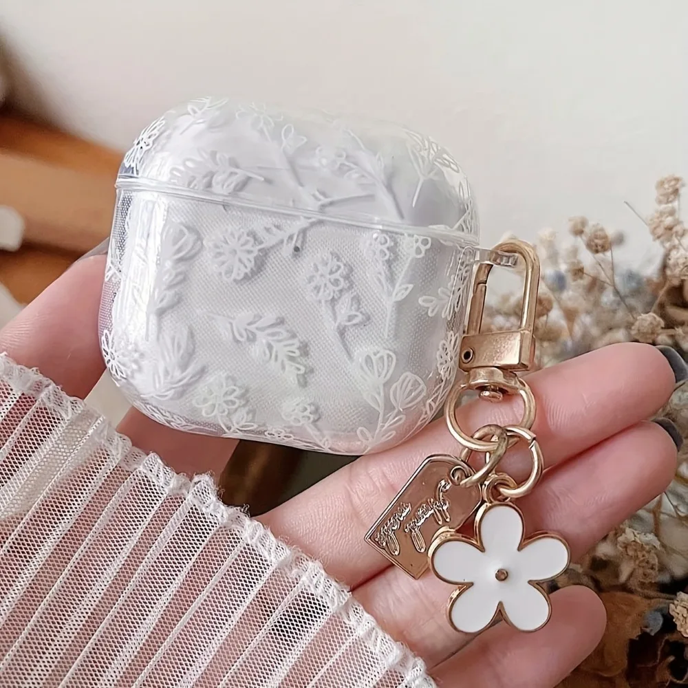 Elegant White Floral Earphone Protective Case Cover