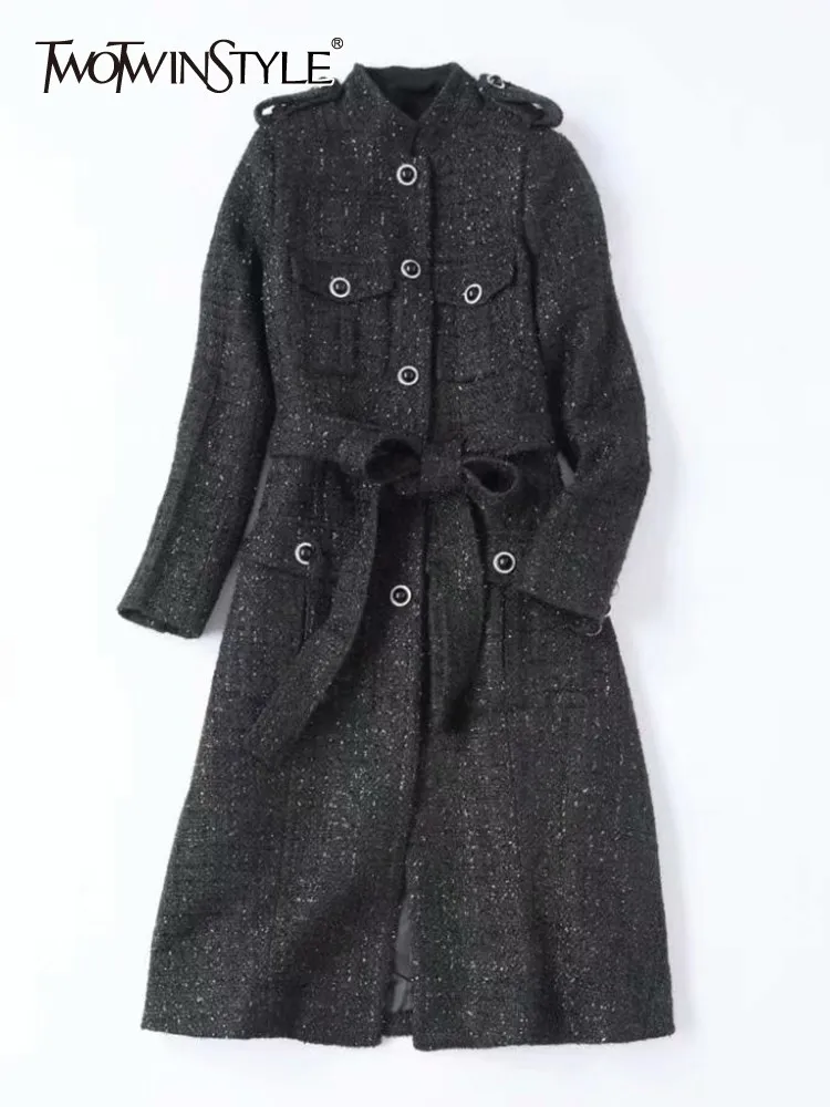 

TWOTWINSTYLE Patchwork Button Lace Up Coats For Women Round Neck Long Sleeve Long Length Temperament Woolen Coat Female Fashion