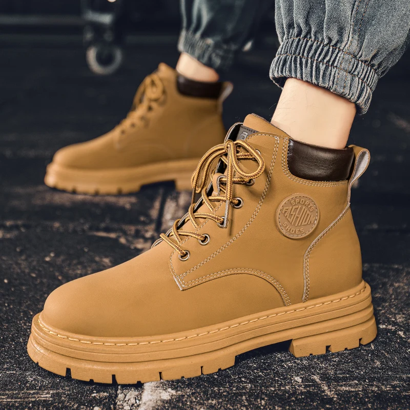 Men's high top boots four season outdoor work shoes anti slip and comfortable yellow boots fashion British casual leather boots - 3