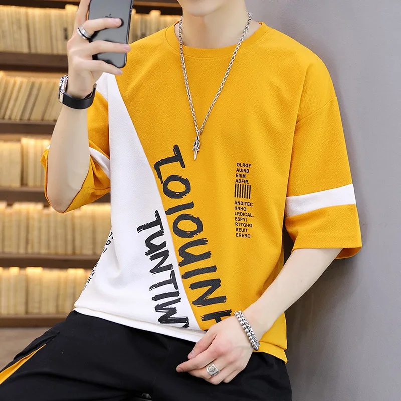 

Fashion 2023 Summer Men's Short-Sleeved Casual T-Shirts Patchwork Tees Streetwear Tshirt For Youth Cotton Tops Harajuku Clothing