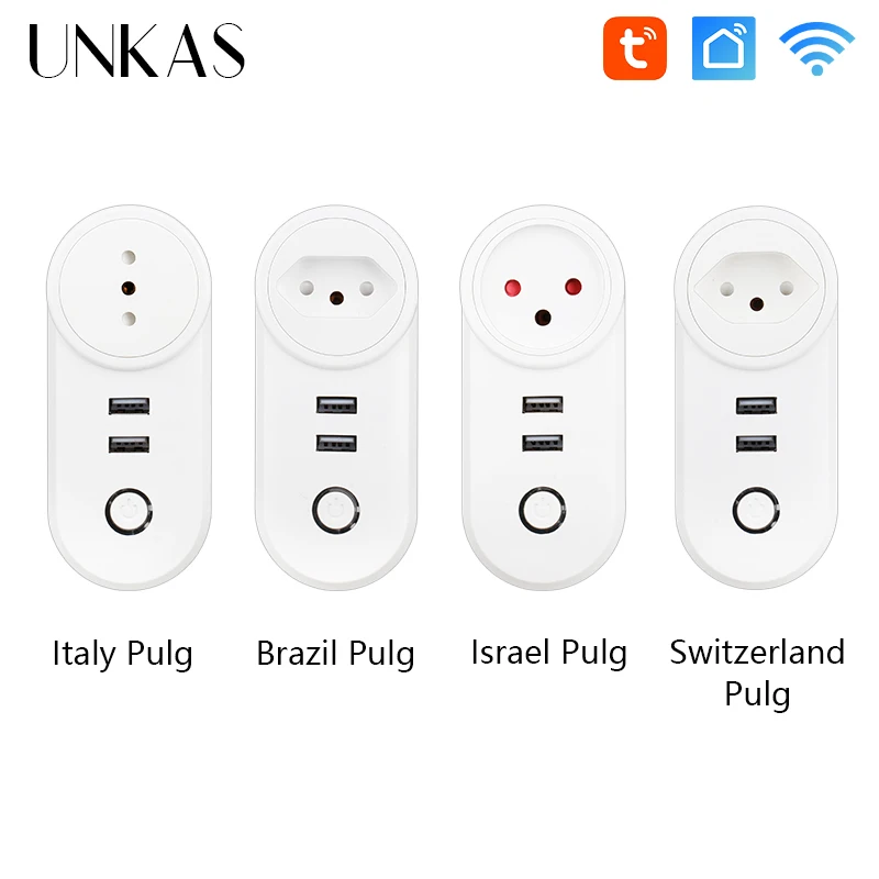 

UNKAS Israel Brazil Italy Switzerland WIFI Smart Socket Mobile Plug With USB Charging Remote Control Timer Alexa Google 16A