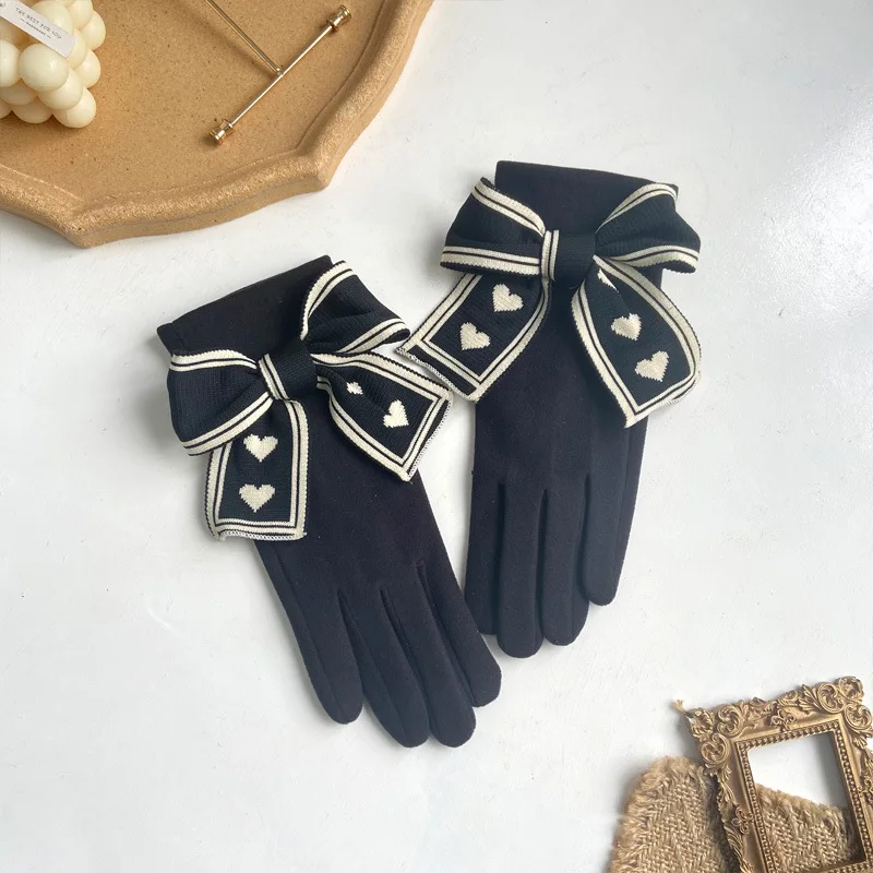 Korean Love Knitted Bow Cold Proof Full Finger Touch Screen Gloves For Women's Winter Plus Velvet Thicken Windproof Driving Warm