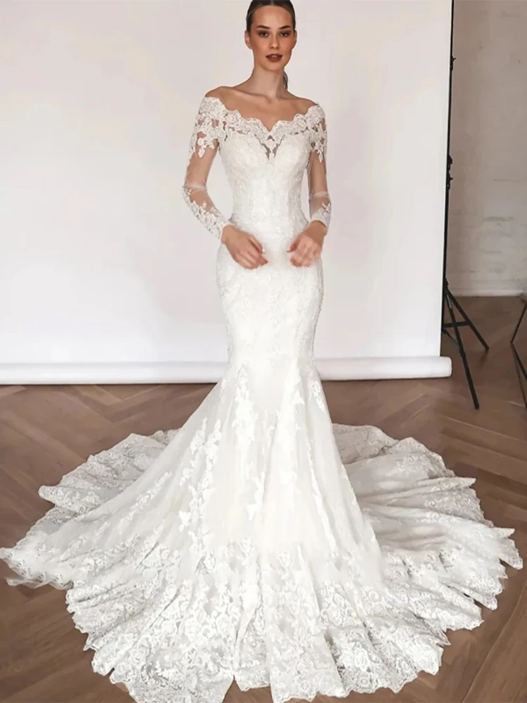 chinese dress ladies Mermaid Wedding Dresses for Bride Long Sleeve Mermaid 2025 Beach Satin Boat  Neck Bridal Gown with Train PS04-CU A-Ivory at Amazon Women's Clothing store main image 0