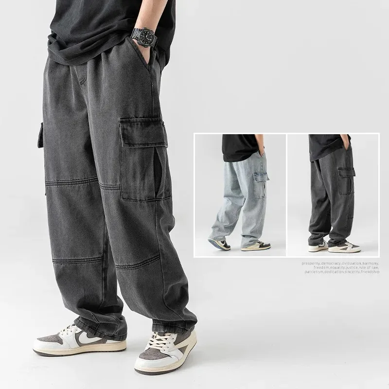 Summer Men's Straight Tube Double Stereoscopic Pocket Jeans Spring New Vintage Vintage Old Washing Overalls Trousers Men