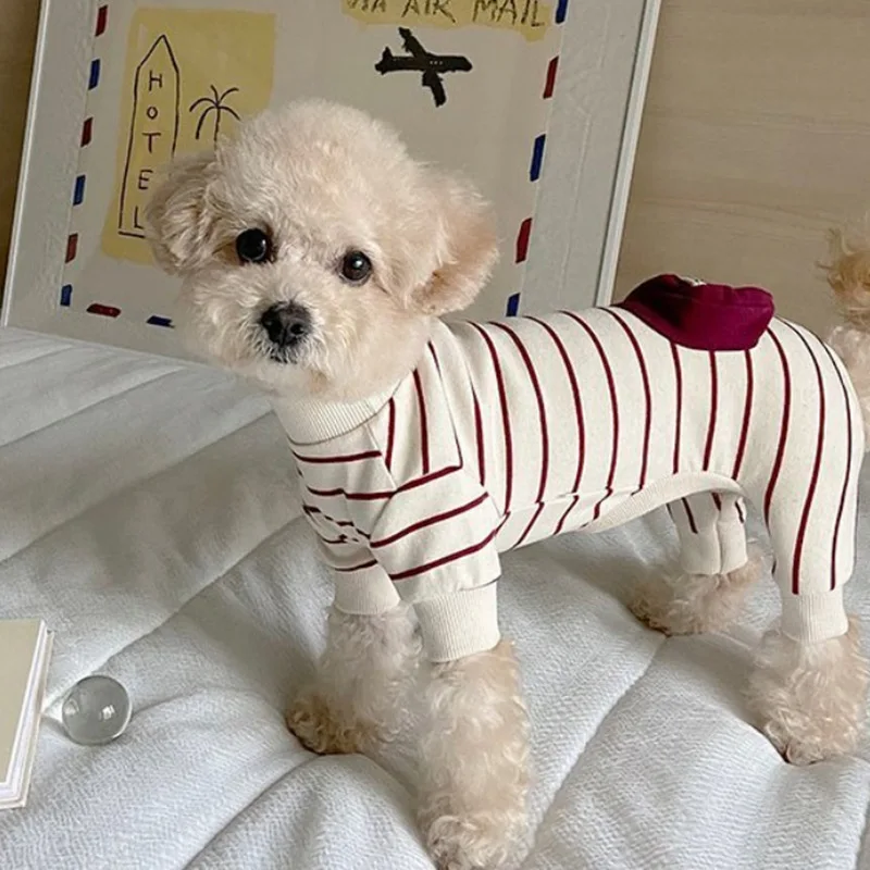 

Beautiful Striped Pockets Teddy Clothes Pet Dog Four Legged Home Clothes Small Dog Winter Warm Clothes Than Bears Pullover