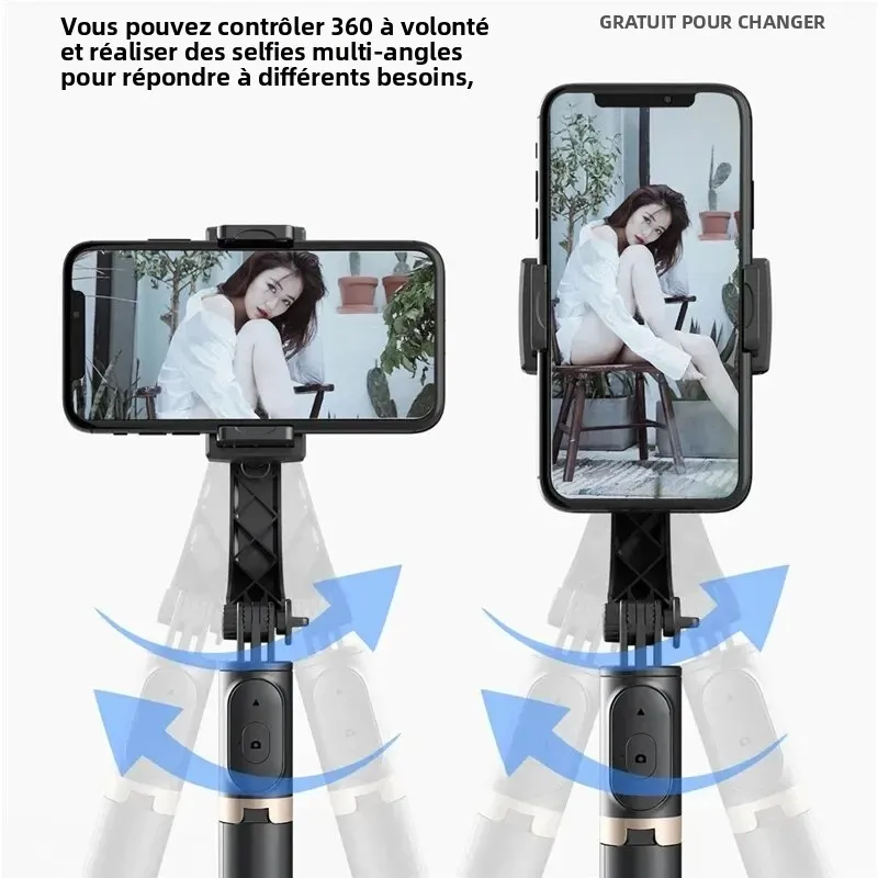 Smartphone fixé sur le gimbal stabilisateur 3 axes, en équilibre sur une table.