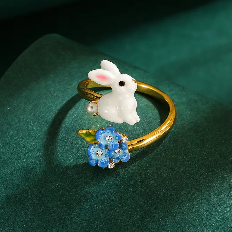 New Fashion Enamel Glaze Inlaid Blue Flower White Rabbit Multi Drop Tassel Ring Bracelet Earring Jewelry Set for Women Kids Gift
