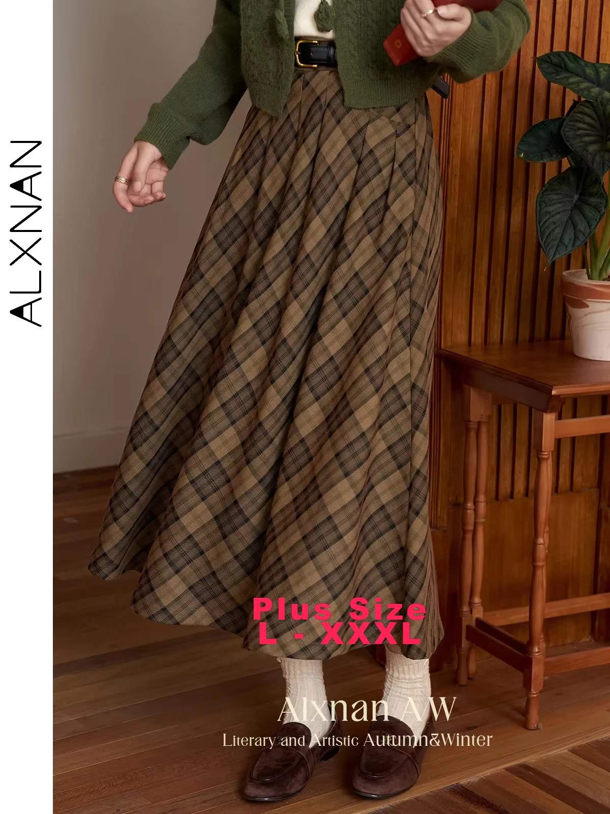 ALXNAN Plus Size Women's Skirt Vintage Midi Plaid Skirt A-Line High Waist Slim Elegant Loose Ladies Skirt Large Sizes D06516BSQ