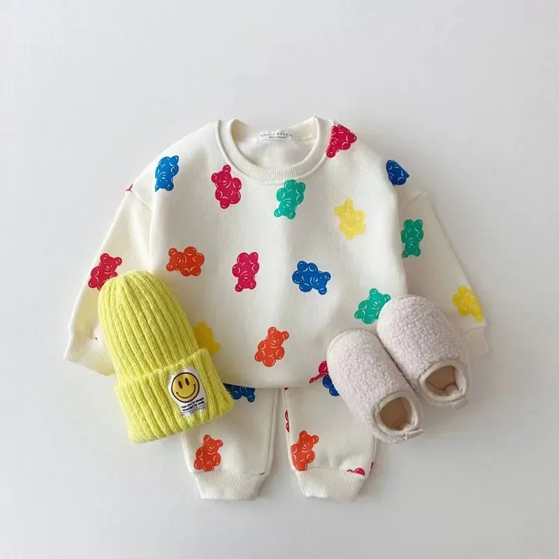 Cute Colorful Gummy Bears Tuta Neonata Sweet Loose Pullover Felpe + Simple New Track Pants 2Pc Spring New Set