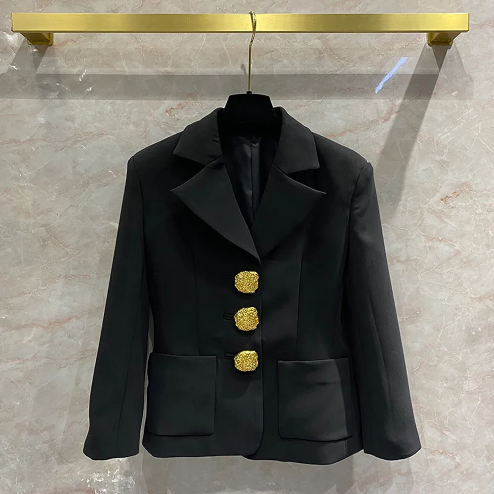 2022 Spring OL Black Blazers Jackets Chic Women's High Quality Gold Buttons Vintage Coat F113