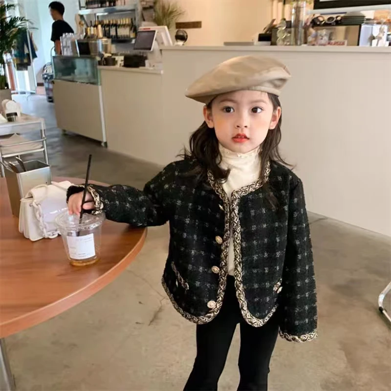 

High-quality Wool Blend Coat with Grid Pattern for Girls, Keep Warm in Winter and Look Fabulous, Free Shipping Clothes for Girls