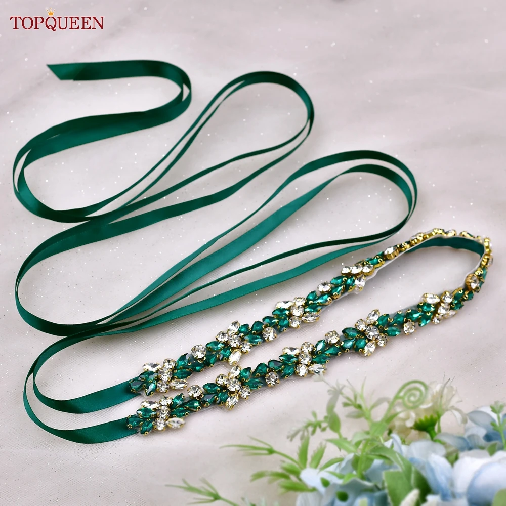 TOPQUEEN Simple Wedding Belt Green Rhinestone Belt Bridal Dress Decoration Women's Accessories S437 KL