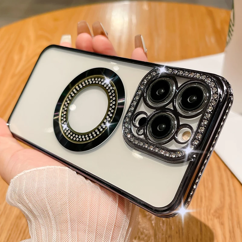 Placcatura trasparente di lusso Ricarica wireless per custodia Magsafe per iPhone 14 13 12 11 Pro Max Plus Custodia trasparente per paraurti_voghion.com