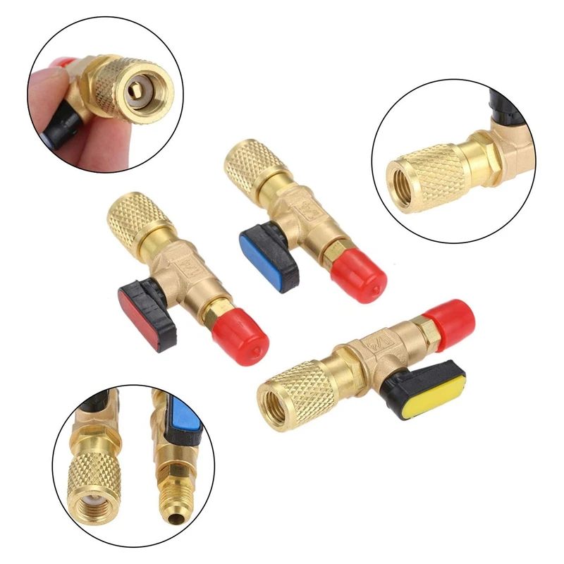 YWDZ-3Pcs/Set Brass R410A Refrigerant Straight Ball Valves AC Charging Hoses Brass 1/4 Inch Male To 1/4 Inch / 5/16 Female