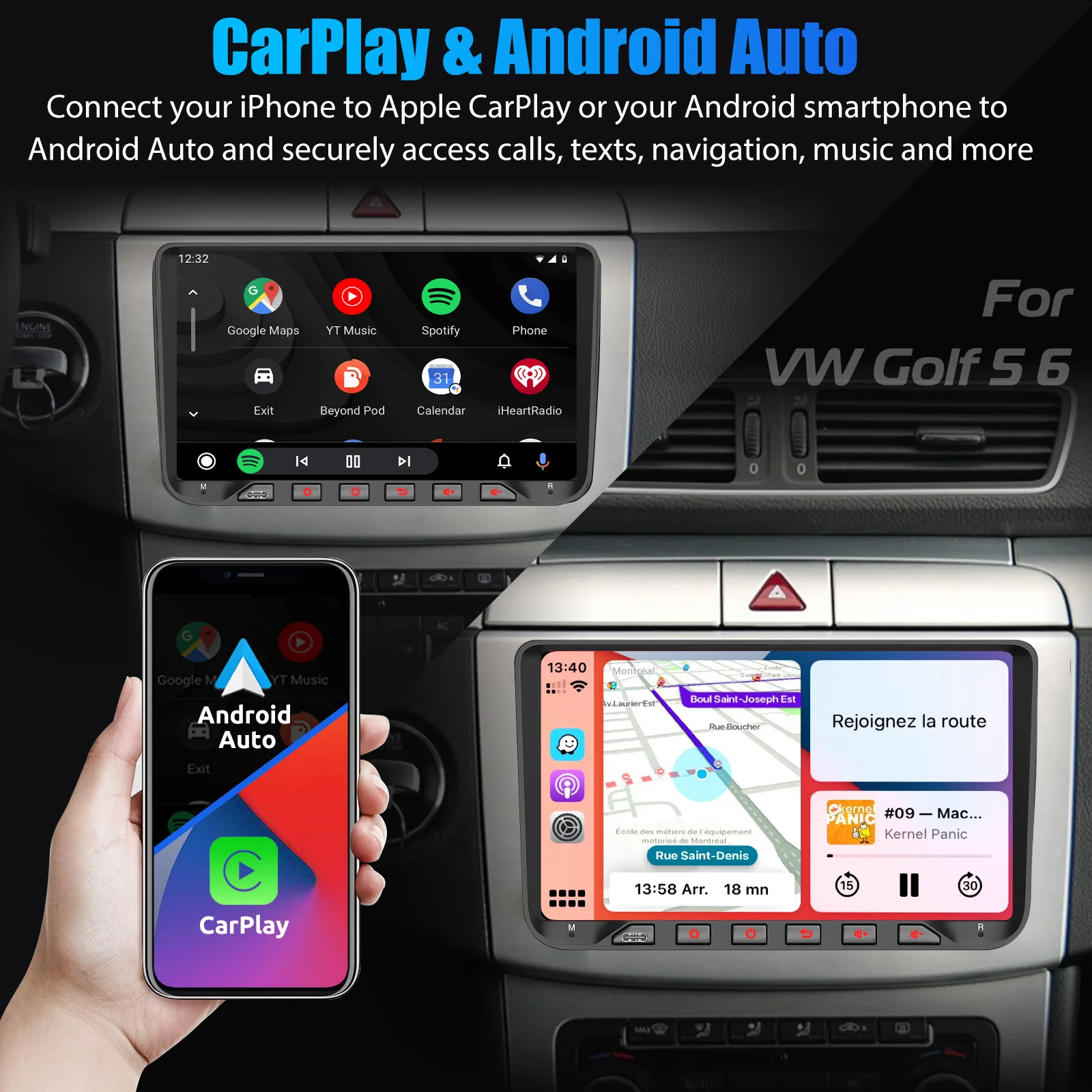 Autoradio ESSGOO Android 14 9 Zoll 4+64G/2+64G Für Skoda SEAT Passat Golf Polo Tiguan Touran Eos Vento mit Bluetooth Wireless CarPlay Android Auto GPS Navigation WIFI RDS FM Mirror Link CANBUS Touchscreen Lenkradsteuer – Detail 12