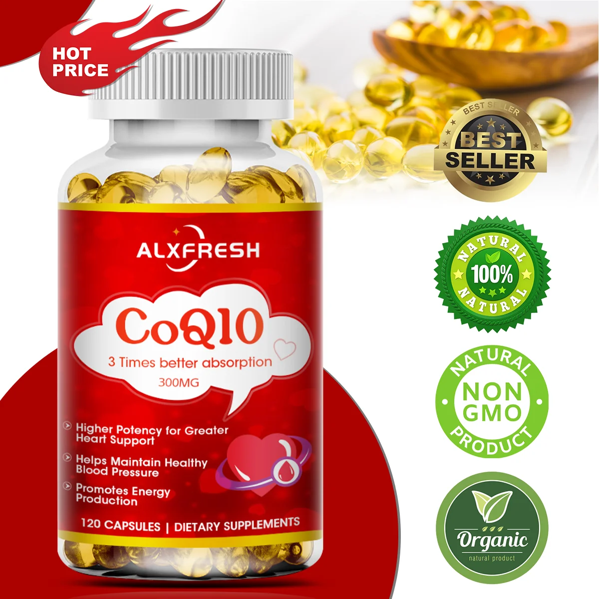 Alxfresh CoQ10 300mg Coenzyme Q-10 NonGMO Gluten Free Vegan