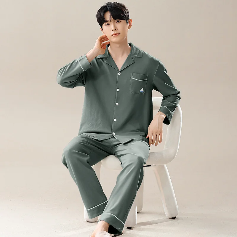 

Korean Fashion Cotton Cardigan Mens Sleepwear for Spring Autumn 2 Pieces Set Homewear Young Boy Casual Loungewear Pijamas