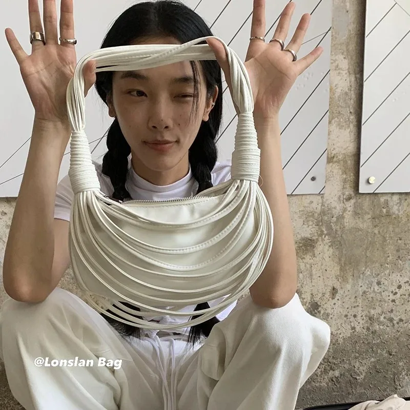 Fashion Noodle Design Women Shoulder Bags Galf Moon Small Tote Bag Luxury Soft Pu Leather Lady Handbags Trend Knoted Hand Purses