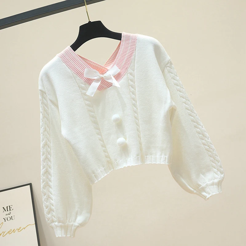 yellow sweater JMPRS Sweet Girls Sweater Fashion Sexy Crop Knitted Autumn Loose Long Sleeve Jumper Casual Japanese Kawaii V Neck Short Tops pink sweater