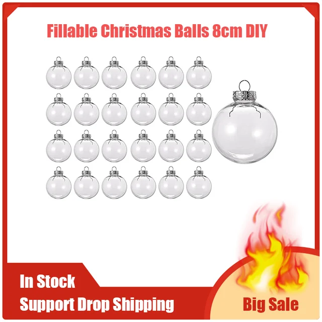 24PCS Clear Plastic Fillable Christmas Balls 8Cm DIY Xmas Tree Ornament  Decoration Arts Crafts