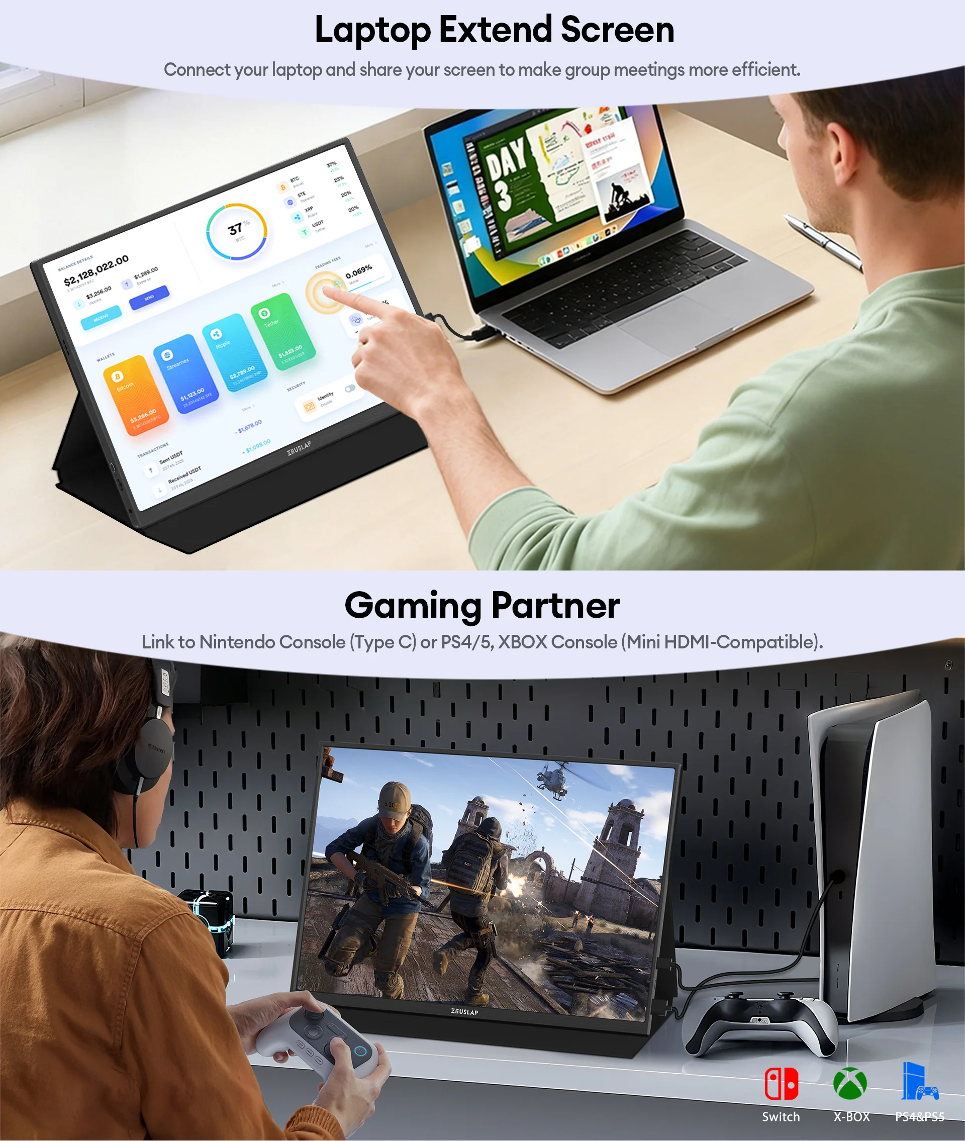 Portable Touch Screen Monitor 16 Inch IPS Panel Travel Display with USB Type-C & HDR10
