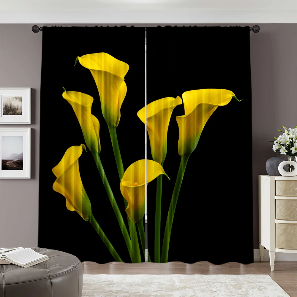 2pcs, spring summer Curtains yellow Calla Lily Sheer Curtains Versatile Polyester Decorations For Home Use for Living Room, 2