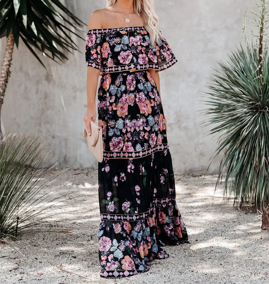 Flower Print Off Shoulder Long Dresses For Women Spring Summer New Fashion Temperament High Waist Leace-up Dress Female Vestidos 38 undefined