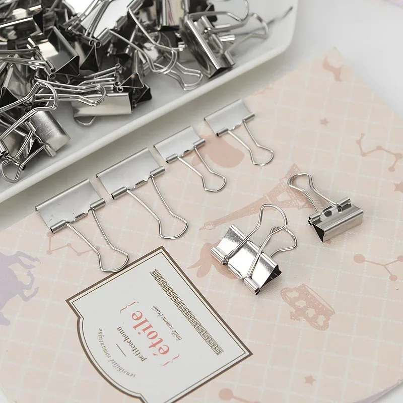 10PCS/Set Metal Paper Clip 15 19 25 32mm Foldback Metal Binder Clips Silver Grip Clamps Paper Document Office School Stationery