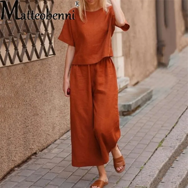 Fashion Casual Loose Two-piece Female O Neck Pullover Short Sleeve Tops Women's Sets Summer Nine-point Pants Commuter Suits 2023