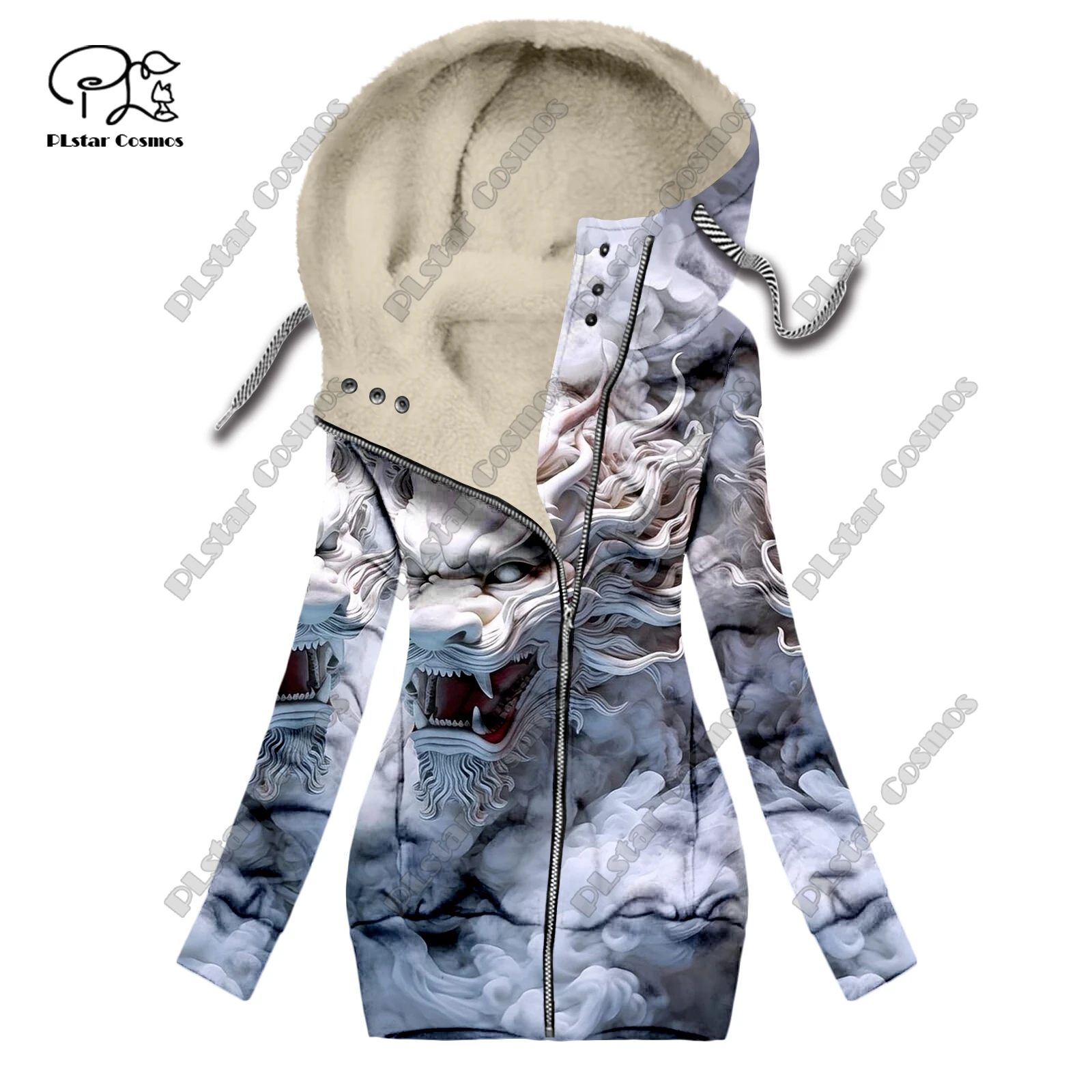 New 3D printing animal series dragon cloud pattern velvet warm women's long zipper hoodie jacket commuting casual winter