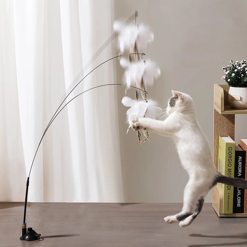 

Funny Cat Toy Folorful Fluffy Feather With Bell Sucker Cat Stick Toy Kitten Play Interactive Detachable Teaser Wand Cat Supplies