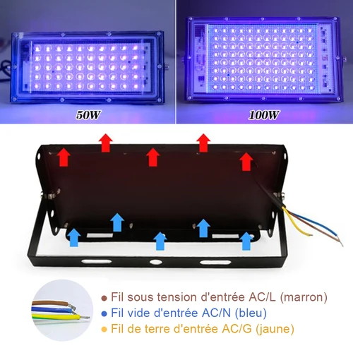 50W 100W UV 투광 조명 AC 220V 야외 투광 조명 395nm 400nm 자외선 형광 무대 램프, EU 플러그 파티 블랙 라이트 포함 4