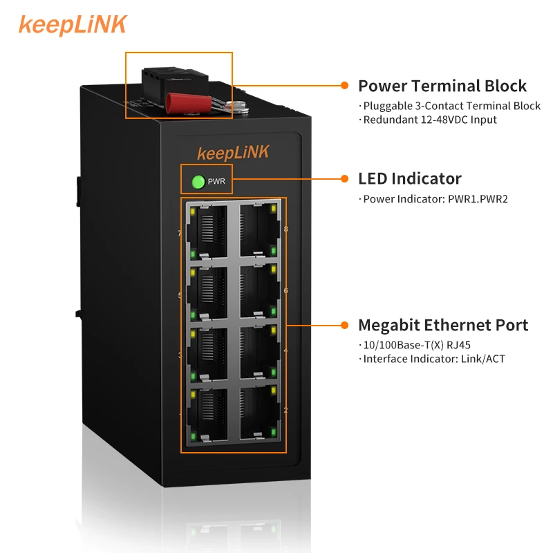 KeepLiNK 산업용 8포트 10/100 Mbps 이더넷 스위치 | 견고한 금속 하우징 IP40 | DIN 레일 장착 | 넓은 온도 범위