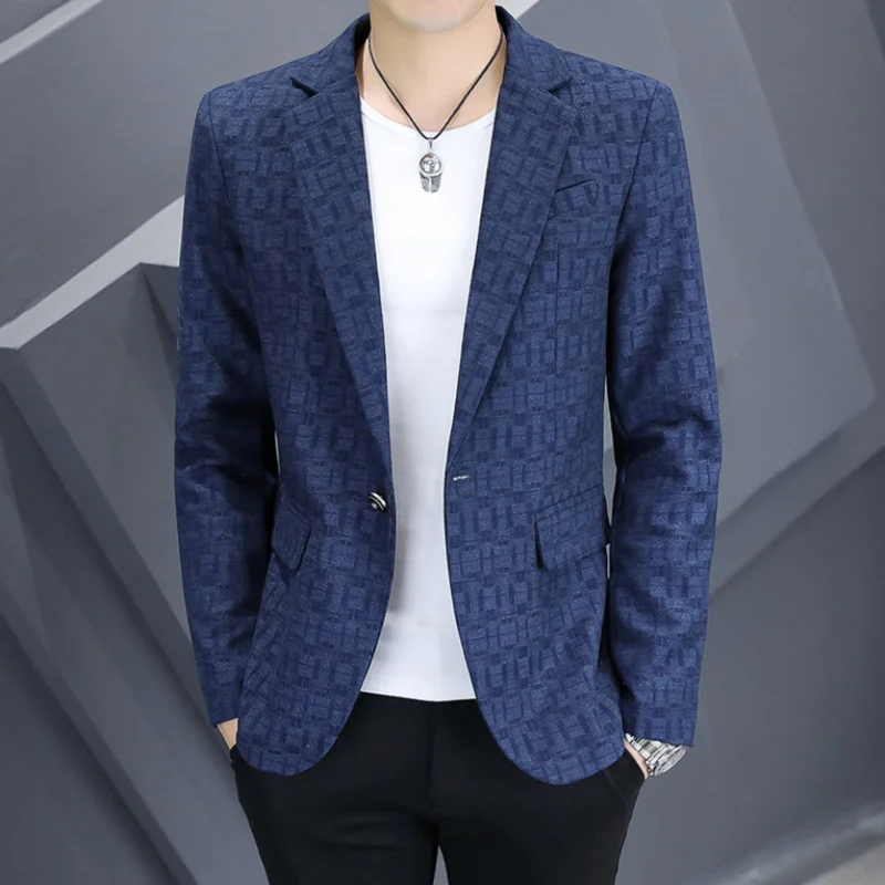 Men's Slim Fit Plaid Suit Single Breasted Formal Coat Fashion Spring Autumn New Handsome Young Small Size