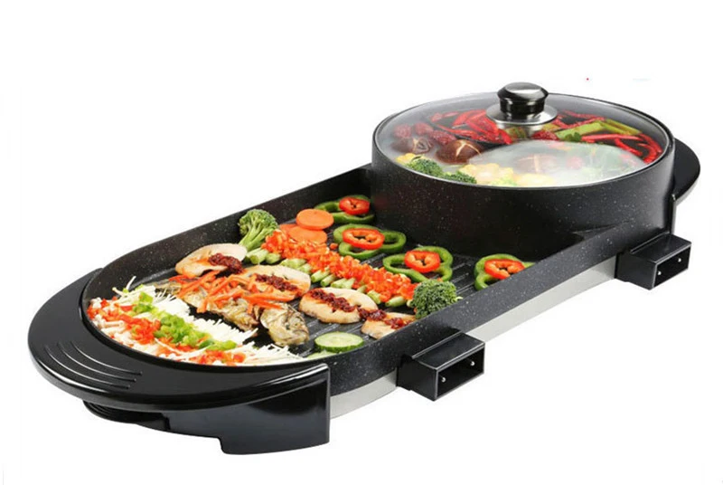 1500W Non Stick Electric BBQ hot pot Grill Smokeless Barbecue Machine 4-Level Adjustable Household Electric Grill Ovens Cooking