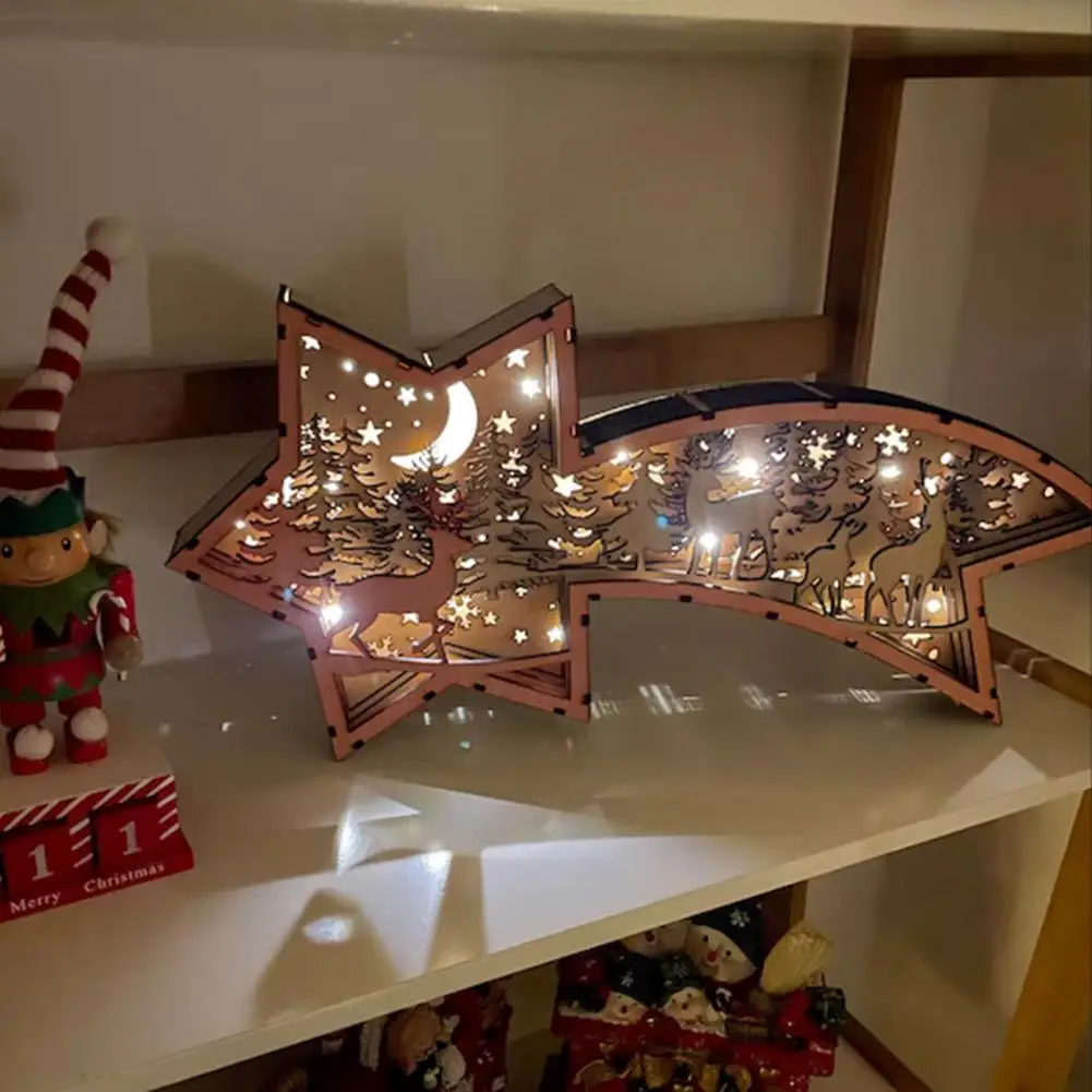 3D Wooden Carving LED Night Light Carved Reindeer Xmas Tree Snowflake Lamp Christmas Desktop Statue for Home Office Shelf Decor