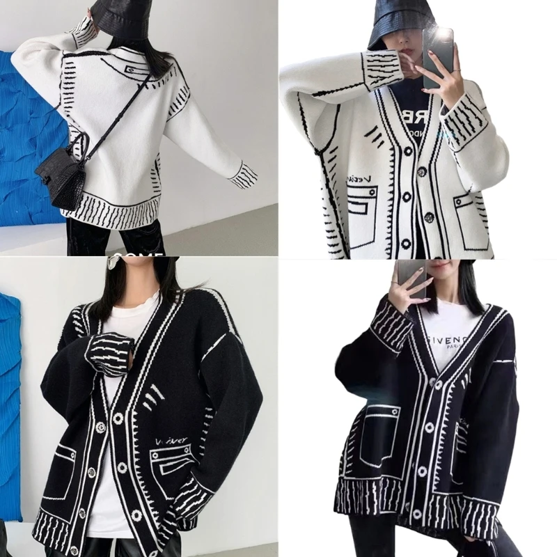 Women Y2K Long Sleeve Sweater Coat Harajuku Print Graffiti Pattern Knitwear V-Neck Button Down Oversized Loose Cardigan Dropship 10pcs lot 3d pen drawing copy board 17 24 8cm pattern template graffiti thicken plastic film for 3d pen parts