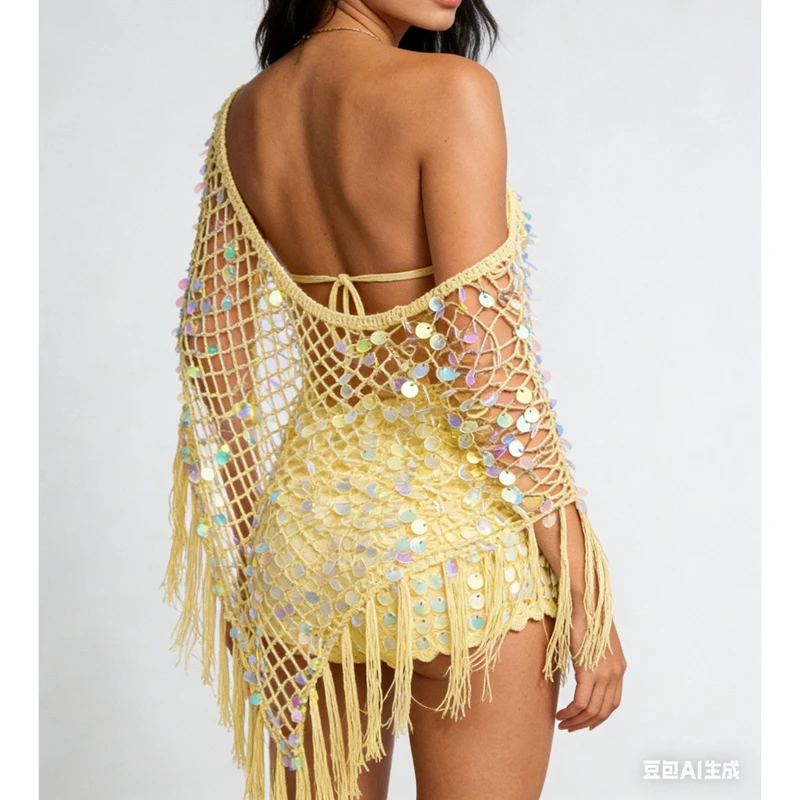 Women's Triangle Tassel Hem Knit Ponchos Sequins Off One Shoulder Y2k Loose Crochet Hollow Out Shrug Shawl Cover-ups Beachwear 1