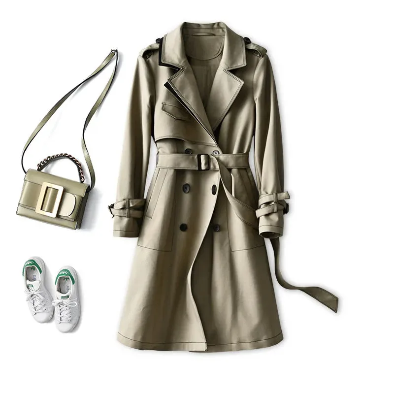 

Chic Khaki Windbreaker 2022 New Spring Autumn Trench Coat Mid-Long Coats Women Over-The-Knee Outerwear British Fashion Overcoat